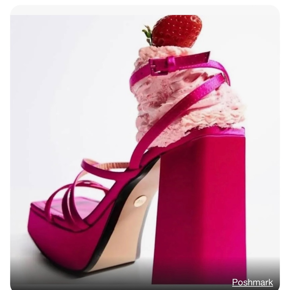 ZARA Hot Pink Block Heeled Strappy Platform Sandals Shoes Size | 39